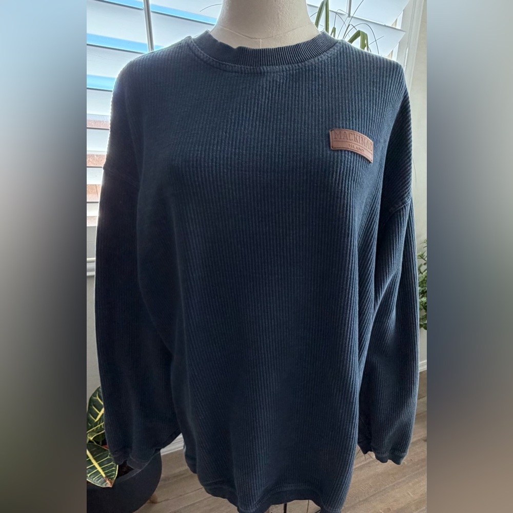 Men's Dark Teal/ Gray Ribbed Crewneck Sweater with Leather Mackinac Island Patch